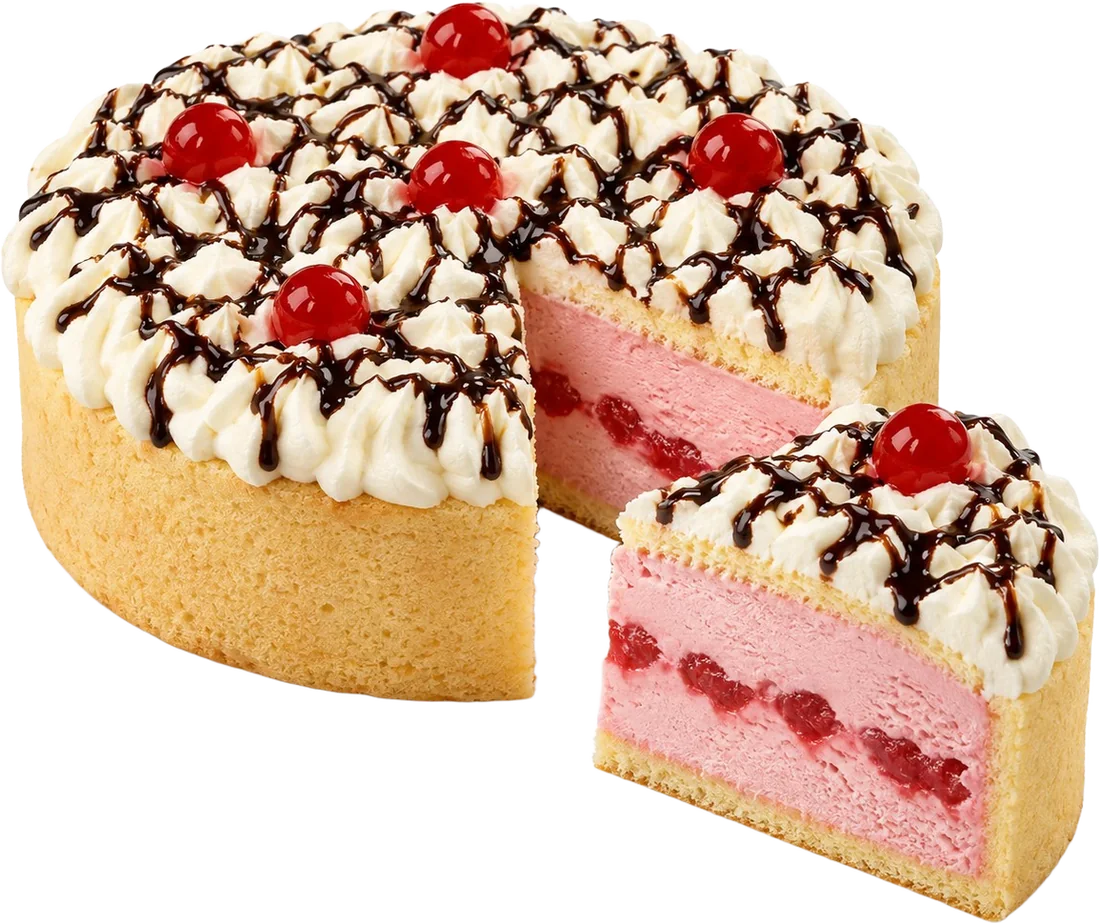 Torta helada de frutilla FISÚ: base de pionono, helado de frutilla, decoración de americana, cerezas y salsa de chocolate